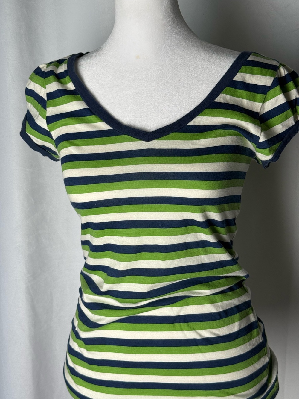 Women's Striped V-Neck Tee in Navy, Green & Cream